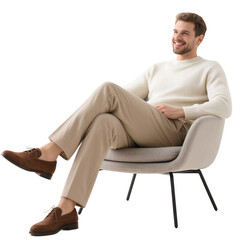 A man in a white sweater and beige pants sits comfortably in a modern chair, looking relaxed and stylish.