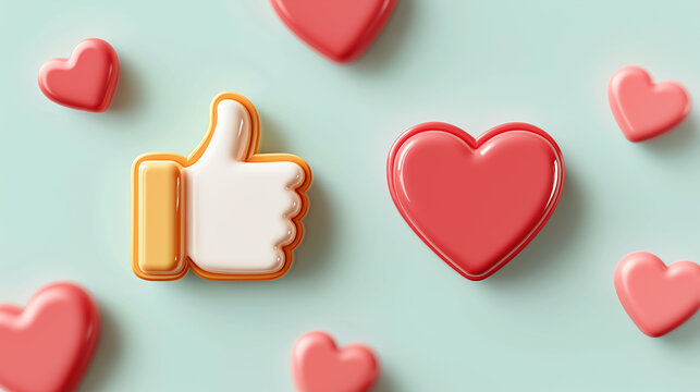 Thumbs Up and Heart Icons Social Media Engagement Concept with Like Button and Love Reaction Symbols for Digital Marketing Communication App Interface Design on Modern Network Platform