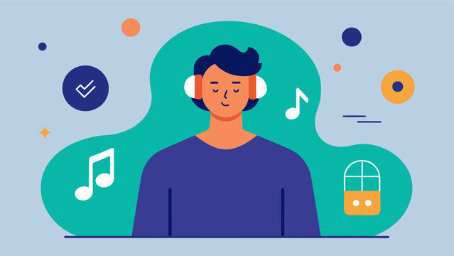 A graphic of a person with bipolar disorder using music therapy to regulate their emotions and improve mood stability by listening to a personalized playlist of songs that reflect. Vector illustration