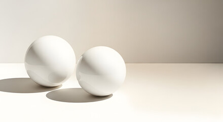 two white porcelain spheres on a beige-gray-brown gradient