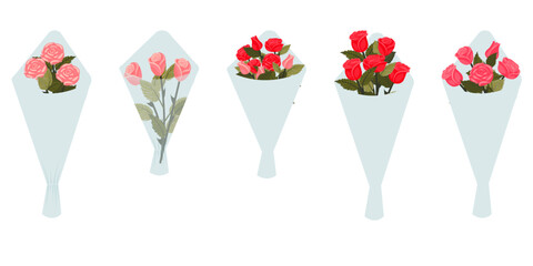 A set of rose bouquets in wrapping paper. Vector illustration isolated on a white background.