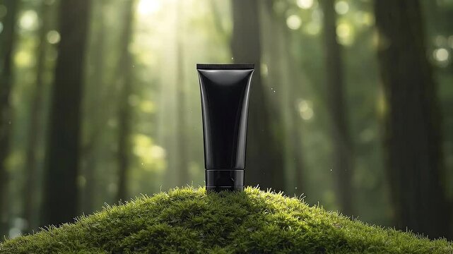 A sleek, unbranded black product tube stands prominently centered on a vibrant mound of lush green moss, softly illuminated by dappled sunlight filtering through a blurred forest canopy. Gentle, ether