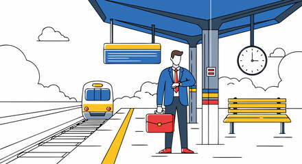 Man waiting at station with briefcase, dressed in formal suit, looking at watch near train platform. Man waiting at station represents busy urban life and commuting challenges.