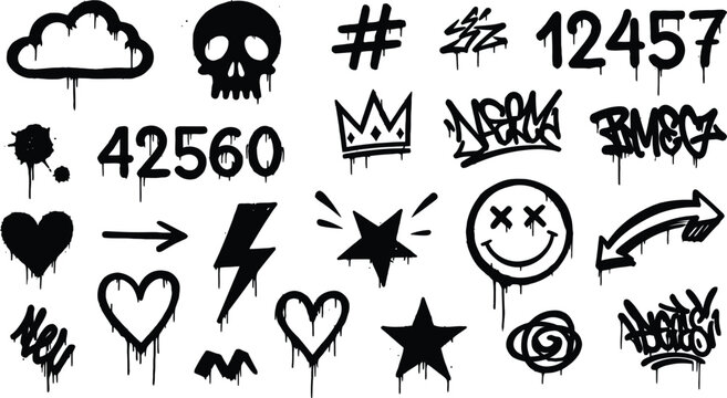 Collection of black graffiti spray paint symbols and icons including a skull cloud heart star and numbers isolated on transparent background silhouette