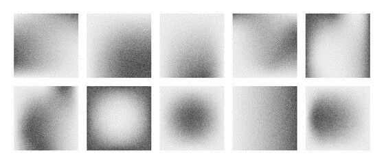 Set of black dot grain stipple noise vector backgrounds creating gradient texture. Abstract square frames for web banners and posters.