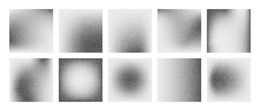 Set of black dot grain stipple noise vector backgrounds creating gradient texture. Abstract square frames for web banners and posters.