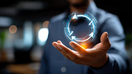 Hands arranging workflow diagram on digital interface face not visible PDCA cycle visualization process improvement icons feedback loop graphics continuous improvement system