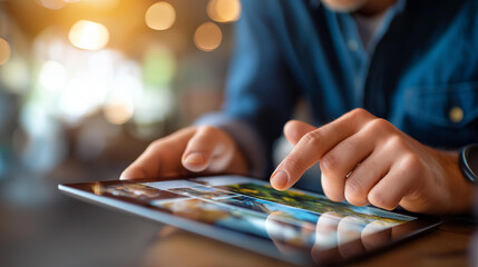 Close up of fingers interacting with AI content generation tool on tablet face obscured text and image creation interface automation prompts visible digital workspace