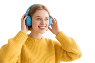 A young woman in a yellow sweater is wearing blue headphones, enjoying music with a pleasant expression.