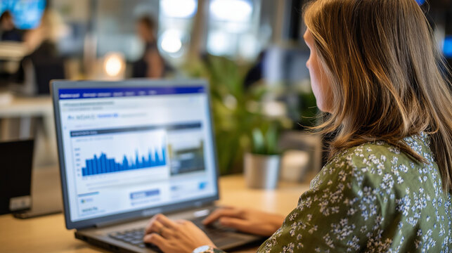 Over shoulder view of person managing ad campaigns on computer face not shown advertising dashboard targeting options performance analytics marketing workspace defocused with