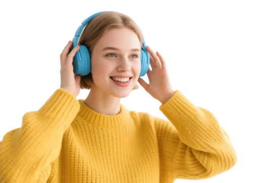 A young woman in a yellow sweater is wearing blue headphones, enjoying music with a pleasant expression. - Powered by Adobe
