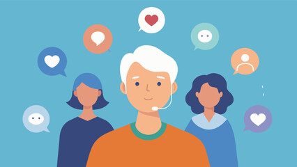 A person with dementia surrounded by loved ones with the phone number for a support hotline visible in the background emphasizing the importance of building a strong support. Vector illustration