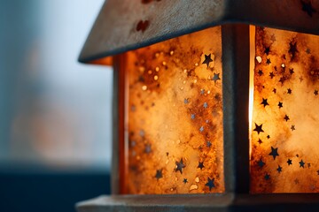 A close-up of a rustic lantern with star cutouts, emitting a warm, magical amber glow against a soft blue background.