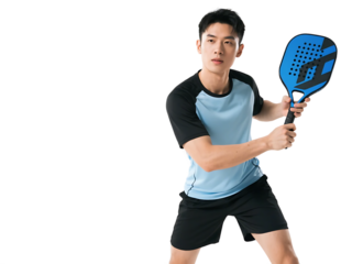 A young man is seen in a ready stance holding a pickleball racket, showcasing athletic readiness.