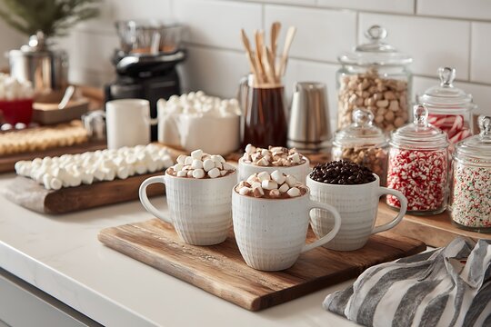 A delightful hot chocolate bar setup with mugs, marshmallows, chocolate chips, and various toppings on a cozy kitchen counter.