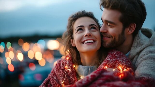 Couple at drive-in movie theater, cozy blanket and car lights, nostalgic atmosphere, romance and fun, retro lifestyle, evening date, emotional connection, outdoor cinema joy, with
