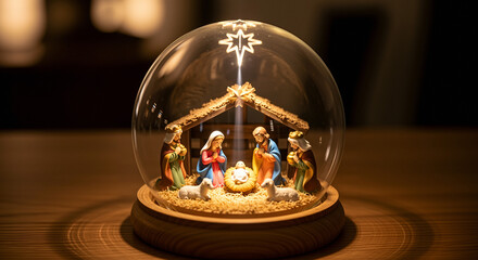 Miniature nativity scene inside glass dome with lights on wooden table  