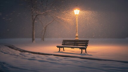 A snow-covered bench with a lamppost under a snowy night.
