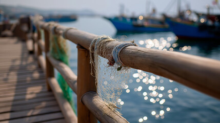 Faceless rustic pier detail showing fishing nets hanging loosely over railing, background softly defocused with shimmering water and anchored boats, with copy space