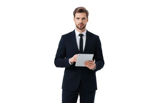 A professional man in a formal suit holding a tablet, representing business and modern technology use.