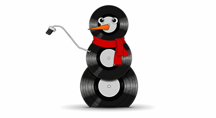 Christmas illustration of a snowman made of vinyl records with a red scarf and a turntable arm as an arm