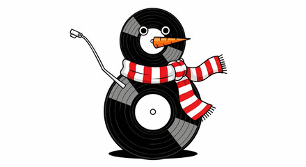 Christmas a whimsical snowman made of vinyl records wearing a red and white striped scarf and carrot nose design