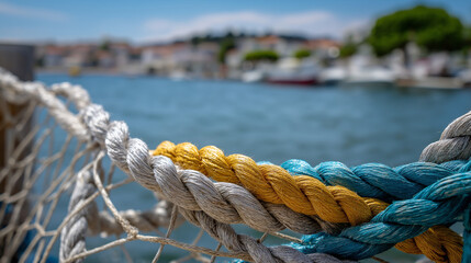 Fototapeta premium Defocused coastal detail showing intertwined ropes and netting, blurred village pier atmosphere and calm sea tones, with copy space