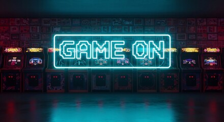 Retro arcade room with neon 'Game On' sign. Great for gaming events, tech themes, retro parties, 80s revival, or esports promotions. High-tech style background.