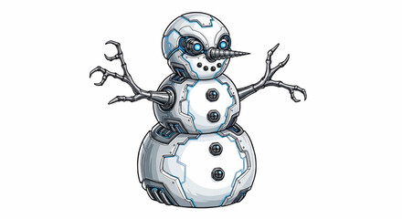 Christmas illustration of a robotic snowman with metal body and twig arms on a white background