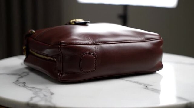 A close-up shot of a leather bag with a marble surface in front of a light