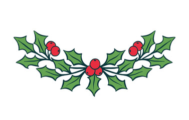 Christmas holly branch with green leaves and red berries with outline. Decorative vector illustration for greeting card, invitation © yaviki