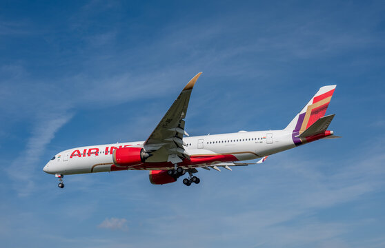 Air India Airbus A350 on approach to Heathrow airport. Rear view