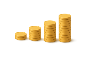 Minimalist 3D Gold Coins Stack in Ascending Order with Soft Shadow on Transparent Background