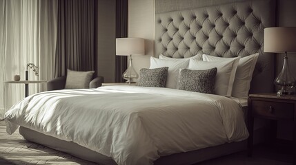 Luxurious hotel suite bedroom featuring a plush, inviting bed with crisp white linens and elegant tufted headboard bathed in soft natural light.