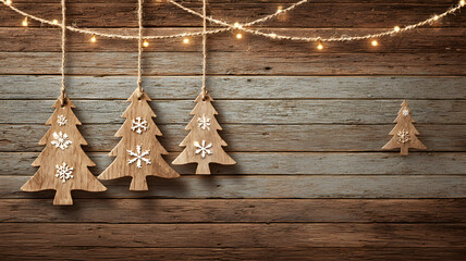 un fondo de madera elegante con espacio de copia con arboles de navidad colgantes elegantes decorativos y una guirnalda de luces decorativas para tarjeta o invitacion navideña 