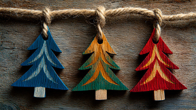 dise&ntilde;o de arboles de navidad de madera artesanales colgantes sobre un fondo de madera decorativos para celebraciones de navidad 