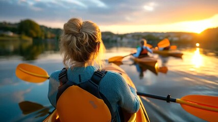 Friends kayaking on calm lake, reflections and nature harmony, teamwork and adventure, outdoor lifestyle, peace and joy, summer activity, freedom and exploration, with copy space