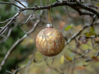 Obraz premium A textured golden Christmas ornament with intricate patterns hangs from a stark tree branch against a blurred natural background.