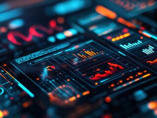 Vibrant digital charts and graphs fill a futuristic interface, visualizing complex data streams for advanced analytics, big data processing, and real time information monitoring.
