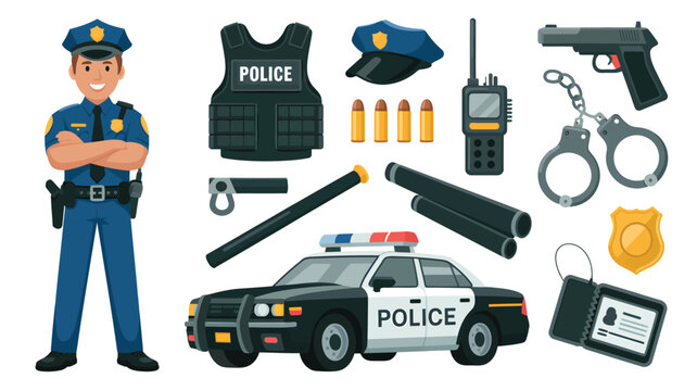 Police officer and equipment vector illustration including car gun handcuffs and uniform isolated on white background