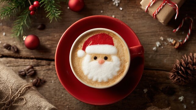 Cozy Christmas morning delight featuring festive Santa latte art surrounded by rustic holiday decorations and warm coffee beans on a wooden table - Powered by Adobe