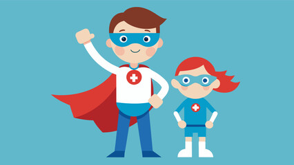 A therapy doll dressed in a superhero costume providing a sense of empowerment and strength as a child with chronic illness holds onto it during a difficult medical procedure.. Vector illustration