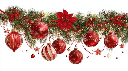 Elegant festive Christmas garland with red ornaments, pine branches, poinsettias, and sparkling lights creating a joyful holiday atmosphere