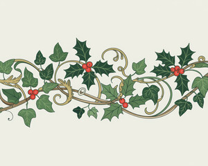 Elegant holly and ivy border illustration vintage style botanical design element perfect for Christmas cards and seasonal decorations