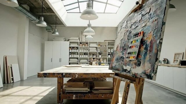 A well lit art studio featuring a large wooden workbench shelves filled with art supplies canvases and a skylight providing natural illumination for creative work