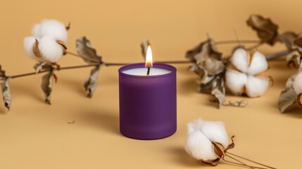 Purple Candle Burning with Cotton Branches on Beige Surface for Calm Mood