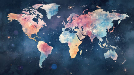 Watercolor world map with constellations for astrology lovers and global business visionaries