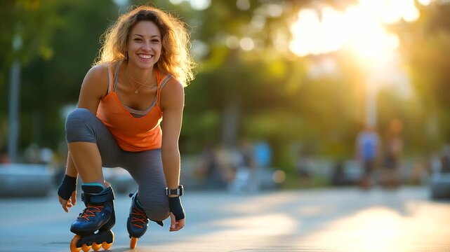 Woman learning to rollerblade in city park, laughter and balance, freedom and energy, sporty lifestyle, personal challenge, joy of movement, urban fitness, playful mood, with copy