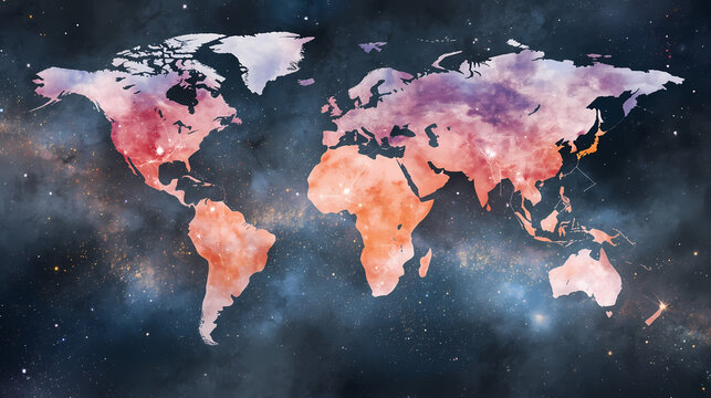 Stunning world map with cosmic galaxy overlay, global connection concept, futuristic design for international projects
