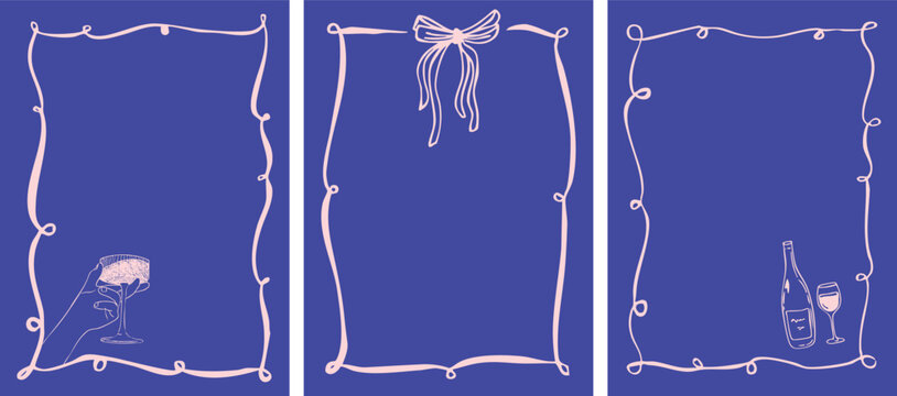 Hand drawn frames template. Vintage cute doodle borders with ribbon and bow in simple crayon and sketch style. Trendy art for bachelorette party and wedding invitations. Doodle vector illustration
